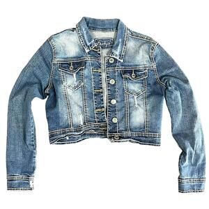 AMETHYST Jeans   Size M   Blue Denim CROP TRUCKER JACKET   Big Stitch Distressed